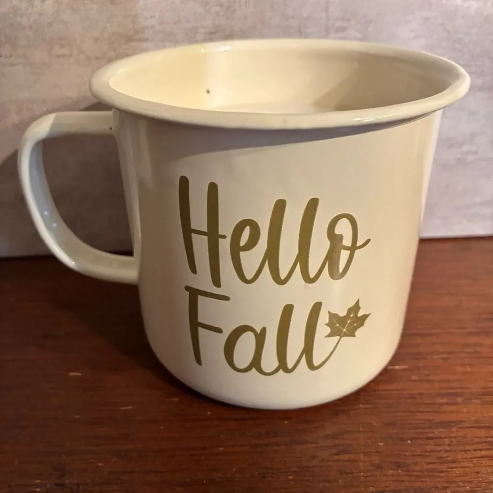 Set Of Fall Decoration. Wooden cup AUTUMN VIBES, Candle In Mug, Dish Towels NEW